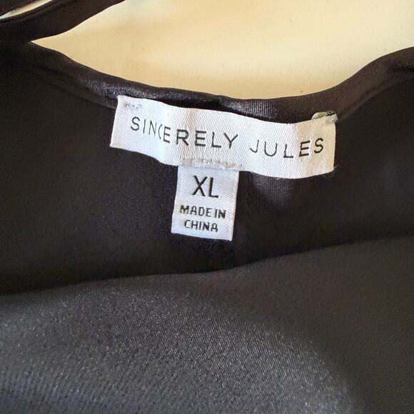 SINCERELY JULES Black Satin bias cut Maxi Dress white lace trim V Neck XL - Picture 8 of 10